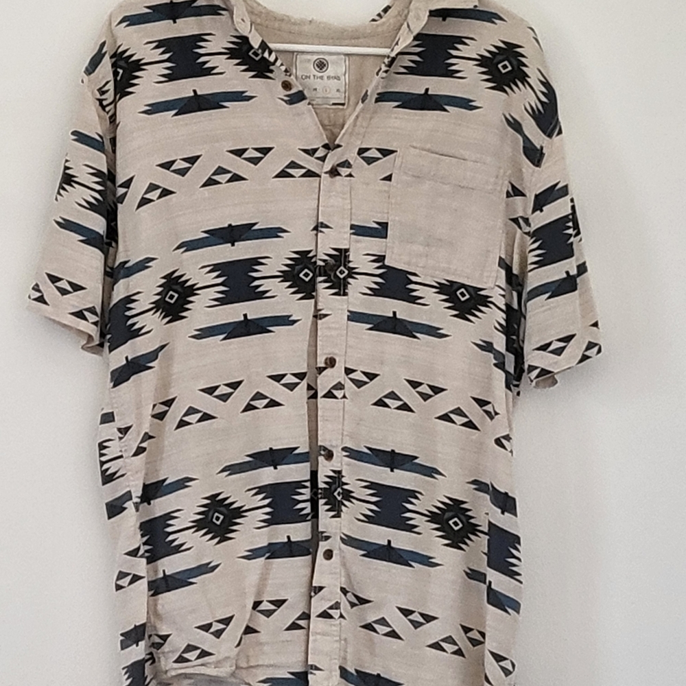 Byas button up shirt with all crazy patterns cream & all kinds of shades of blue